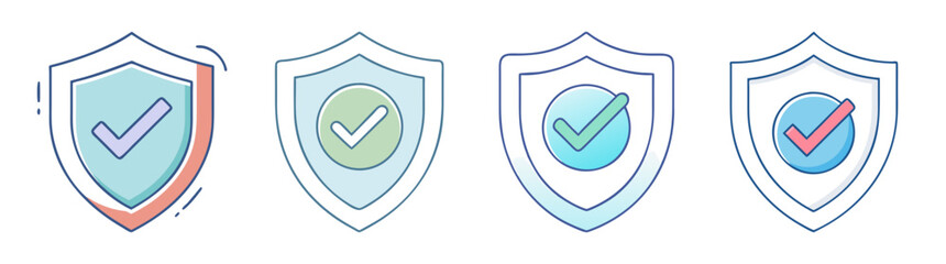 Set of Shields Icons with Checkmarks for Approval and Security Purposes