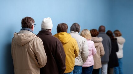group of individuals dressed in various winter jackets forms a line against a blue wall. They are waiting patiently for an unknown service or event during daylight hours
