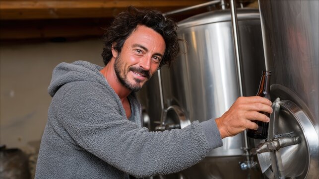 spirited man works on brewing craft beer in a brewery, holding a bottle while standing next to large stainless steel fermentation tanks under warm indoor lighting