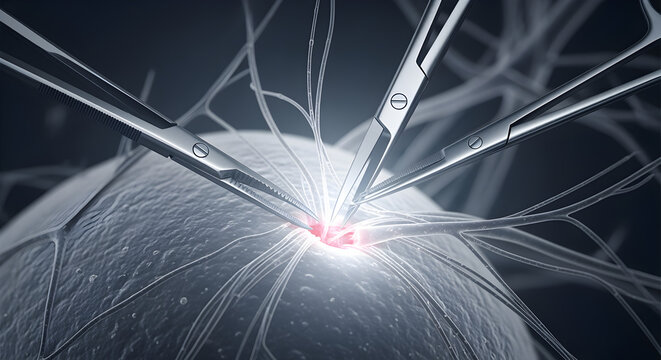 Microscopic Surgery Concept: Precision Instruments Operating on a Glowing Biological Cell, Illustrating Targeted Medical Treatment, Genetic Enginee...