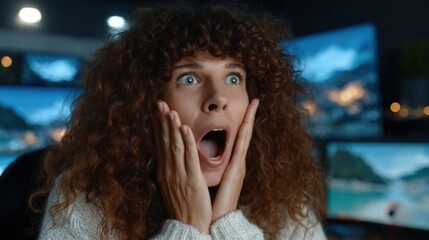 woman with curly hair expresses shock and amazement while sitting in front of several computer monitors in a dark room. glow from the screens enhances her surprised look