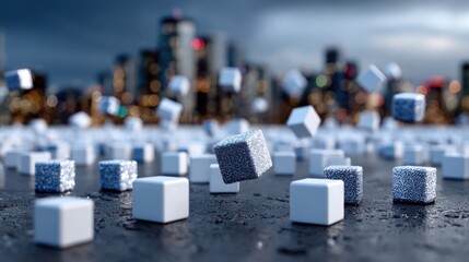 White and silver cubes hover above a dark surface, creating an artistic contrast against a blurred city skyline during twilight. atmosphere is vibrant and dynamic, showcasing urban beauty