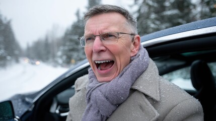 man expresses excitement in the snow while standing next to his car during a winter storm. surroundings feature tall trees covered in fresh snow, creating a scenic winter landscape