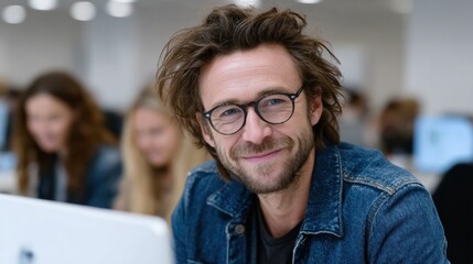young man with tousled hair and glasses smiles at the camera while seated at a desk in a contemporary office filled with colleagues engaged in work. Natural light streams through large windows