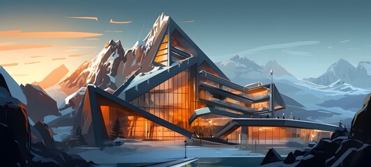 Mountain hotel building, human perspective effect, generative AI