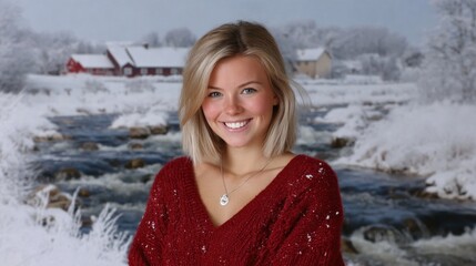 young woman smiles brightly while wearing a red sweater, standing near a flowing river surrounded by snow. Red houses peek through the winter landscape in the background