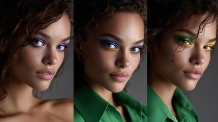 Model displays three unique makeup looks featuring colorful eyeshadow in shades of blue, green, and yellow, paired with a stylish green blouse, highlighting beauty and artistry