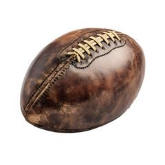 Vintage american football made of aged brown leather with visible stitching isolated on transparent background