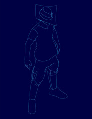 A man in a hat is depicted with a clean blue contour line drawing. The dark blue background creates strong contrast. The minimalist style highlights the silhouette.