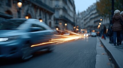 blue car speeds down a busy urban street at dusk, leaving a trail of sparks behind. Pedestrians observe the thrilling moment as city lights begin to illuminate the surroundings