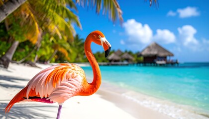 Obraz premium Flamingo on Tropical Beach with Clear Water.