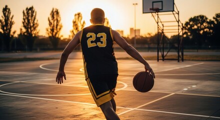Rear View of Basketball Player Dribbling Ball on Outdoor Court at Sunset