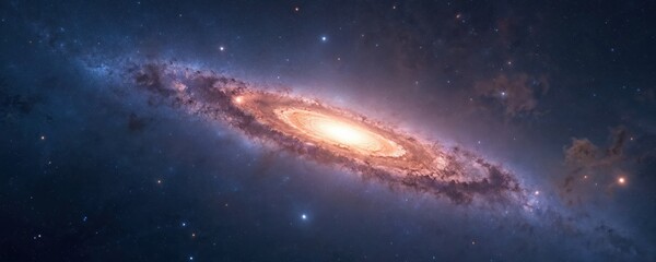 Fototapeta premium Majestic spiral galaxy dominates scene, glowing core radiating light across vast expanse of deep space. Countless stars twinkle against backdrop of cosmic dust, nebulae, creating breathtaking,