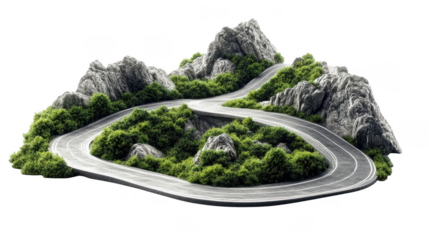 A curved road winds through rocky terrain and dense foliage under a sunny sky, making a beautiful landscape