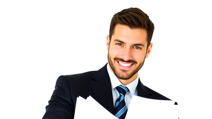 A confident young businessman with short dark hair and beard , wearing a black suit, white shirt, and blue striped tie