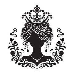 Elegant Vintage Woman with Ornate Crown Silhouette Vector