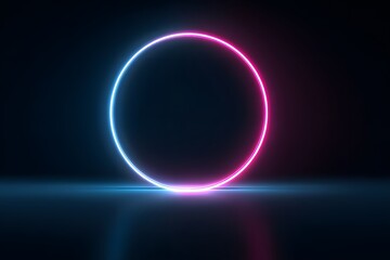 3D render, neon light circle frame on a dark background. Glowing ring in blue and pink colors for abstract design. 