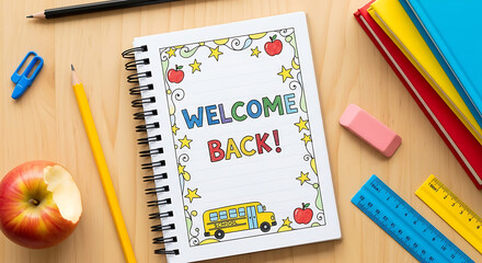 A welcome back notebook with school supplies on a wooden desk in a top down view for back to school back to school ai generated