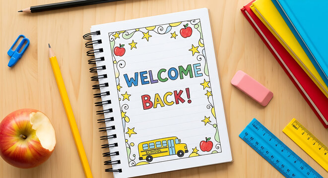 A welcome back notebook with school supplies on a wooden desk in a top down view for back to school back to school ai generated - Powered by Adobe