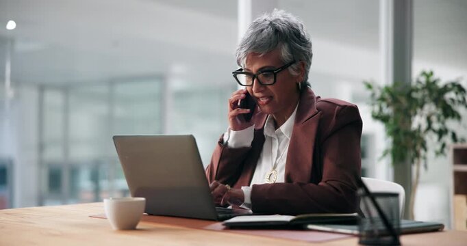 Laptop, phone call and businesswoman in office with research for finance budget proposal. Reading, technology and mature female financial manager working on investment report for client in workplace.