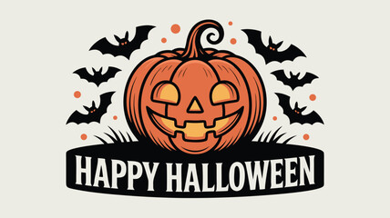 Cartoon Happy Halloween Pumpkin with Bats Illustration for Spooky Season Celebrations and Decorations