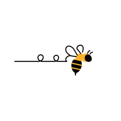 A cartoon bee flies forward trailing a winding line