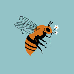 A bee carries white flowers with orange and black markings against a blue background