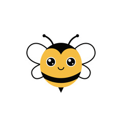 A cartoon bee with black antennae wings a happy face and black stripes
