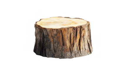 A solid wooden stump rests on a white background, showcasing its textured bark and smooth top surface, ideal for decor