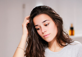 Young woman with long dark hair, wearing a casual gray shirt, is thoughtfully touching her hair while looking down, creating a reflective and serene atmosphere in a softly lit room