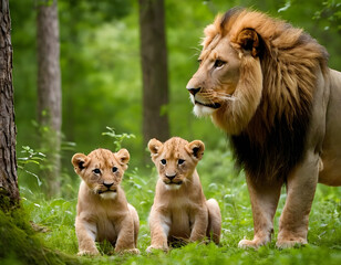 A lioness with her cute babies is nestled between trees in a thick forest during the summer.