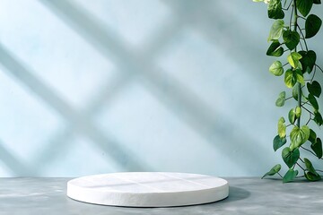 Minimalist white podium with natural light shadows and hanging green plant against a soft blue background