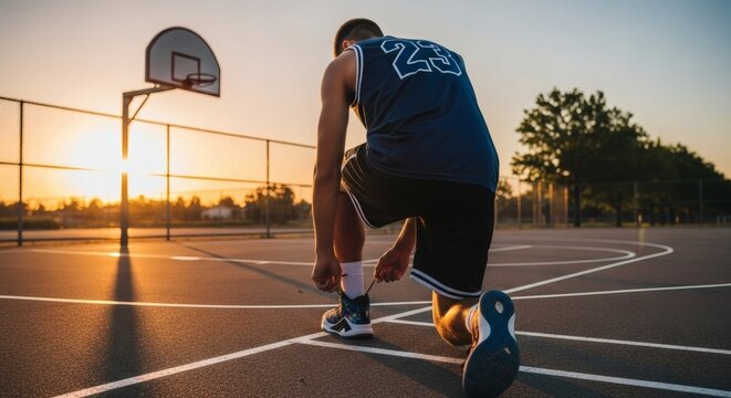 Athlete on Court Tying Shoelaces Preparing for a Basketball Game