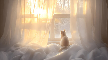 White cat sitting on a soft blanket by a sunlit window, gazing outside at a serene winter landscape, with sheer curtains gently flowing in the warm light