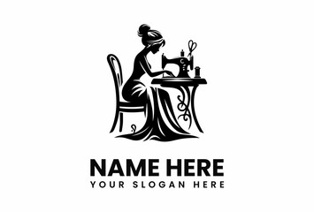 Obraz premium Silhouette of a woman sewing with a vintage machine complete with scissors and thread spool.