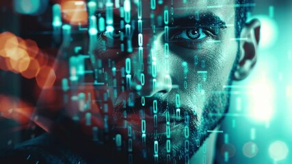 Close-up portrait of a man with digital binary code and neon interface overlay. Futuristic identity scan or cybersecurity concept. High-tech atmosphere, perfect for looping video or animation. - Powered by Adobe