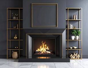 A bold, geometric fireplace design with polished black and brass accents. Narrow brass shelves hold minimal decorative items. The mockup frame above features a thin metallic border.