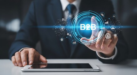 Businessman touching B2B digital interface with network connections