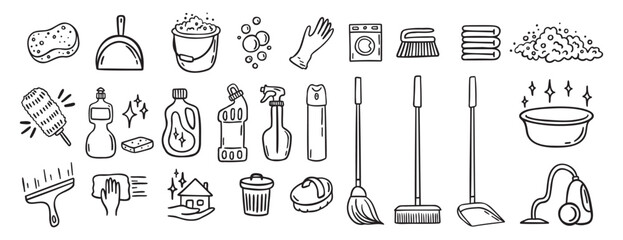 Cleaning kit equipment doodle hand drawn icon set. Outline drawing cleaning inventory, clean tools wash, bucket and mop, spray bottle with detergent cleaner line clipart symbol collection
