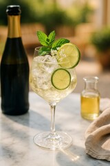 A refreshing elderflower Hugo Spritz cocktail in a large glass, with mint leaves and lime. A bottle of prosecco nearby