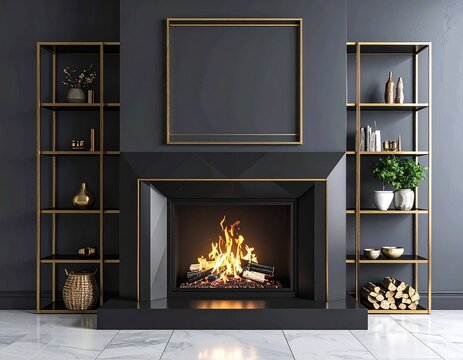 A bold, geometric fireplace design with polished black and brass accents. Narrow brass shelves hold minimal decorative items. The mockup frame above features a thin metallic border.