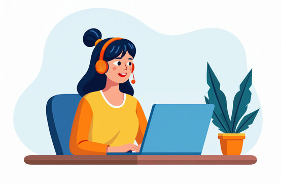 Woman with headset works on laptop during online conference. Remote worker communicates via notebook computer in home office. Freelancer uses tech for virtual meeting. Education, business,