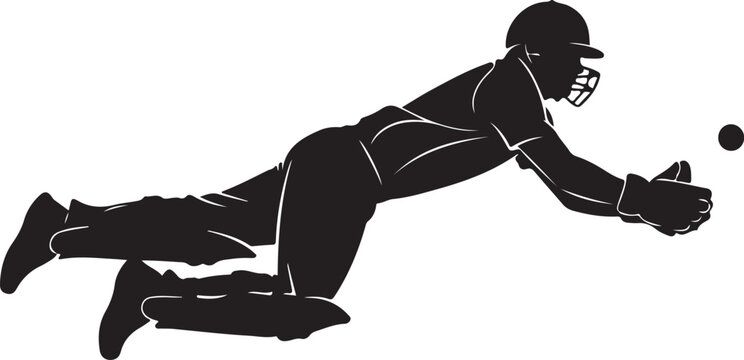 Black silhouette of a cricket player diving to catch a ball catching