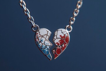 Two halves of a broken heart pendant hang on a silver chain One half is red the other is blue