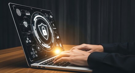 Digital security shield on laptop screen, protecting data