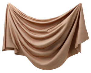 Flowing beige fabric draped elegantly with soft folds and smooth texture, creating sense of calm and sophistication, ideal for textile or interior design concepts
