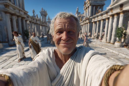 Portrait of senior Caucasian man smiling and taking selfie in ancient Roman city setting with marble columns and people in traditional attire walking in background