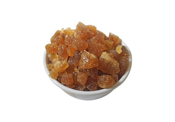 Palm Candy or Tal Mishri in a white bowl  Isolated on White background.Also Known as Rock Sugar or Palm Sugar
