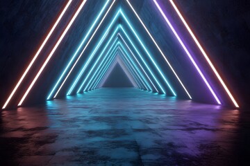 Fototapeta premium 3D render, abstract neon background with glowing triangles in blue and pink colors. Futuristic light lines on a dark background