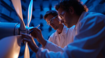Two engineers inspecting a wind turbine model in a laboratory during the evening hours